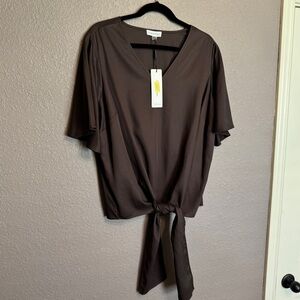 CALVIN KLEIN Plus Size Short Sleeve Tie-Waist Blouse 1x Brown Otter NWT